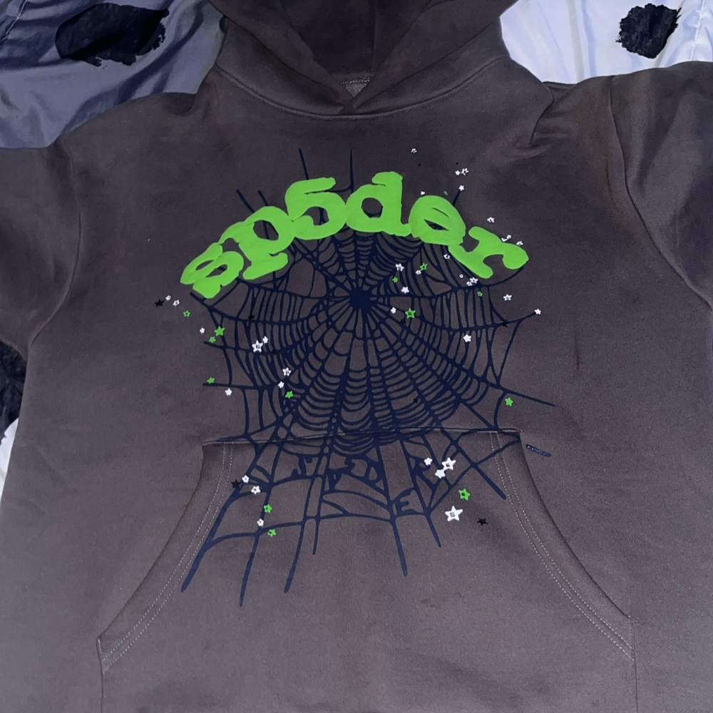 Grey and Green Sp5der Hoodie